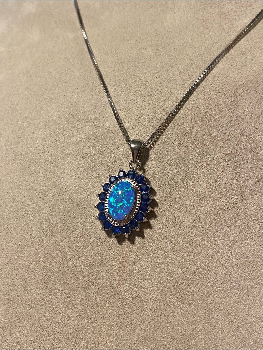 Blue Opal Halo Pendant Necklace